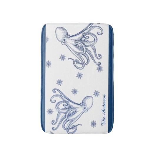 Nautical Bathroom Navy Blue Octopus Badmat (Voorkant Verticaal)