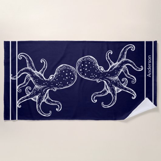 Nautical Bathroom Navy Blue Octopus Bath Strandlaken (Voorkant)