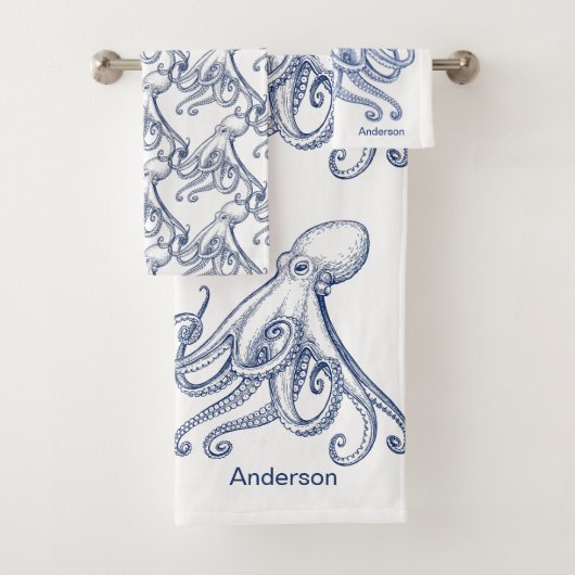 Nautical Bathroom Navy Blue Octopus Bath to Bad Handdoek (Insitu)