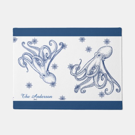 Nautical Bathroom Navy Blue Octopus Deurmat (Voorkant)