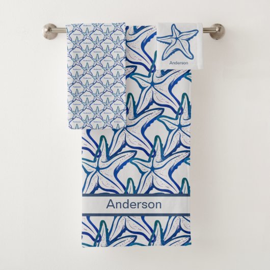 Nautical Bathroom Navy Blue Starfish Patroon Bath Bad Handdoek (Insitu)