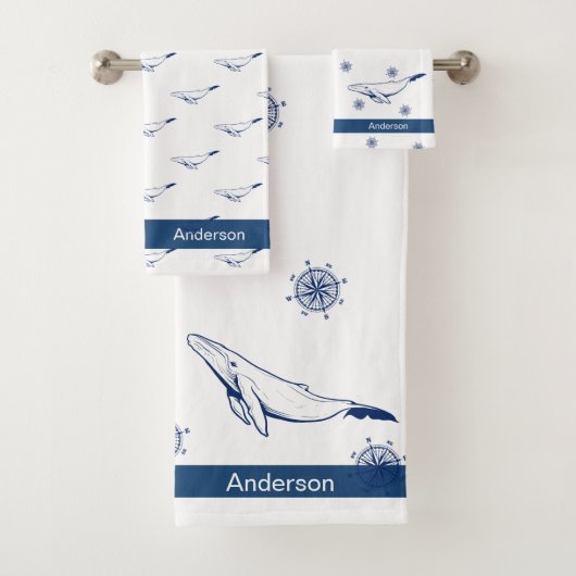 Nautical Bathroom Navy Blue Whale Bad Handdoek (Insitu)