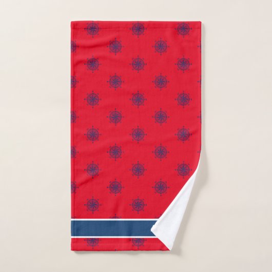 Nautical Bathroom Red White Navy Blue Compass Bad Handdoek (Handdoek)