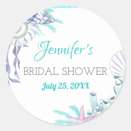 Nautical Beach Aqua Shell Bruiloft Waterverf Ronde Sticker (Voorkant)