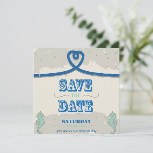 Nautical Beach Blue Heart Knot Save the Date (Staand voorkant)