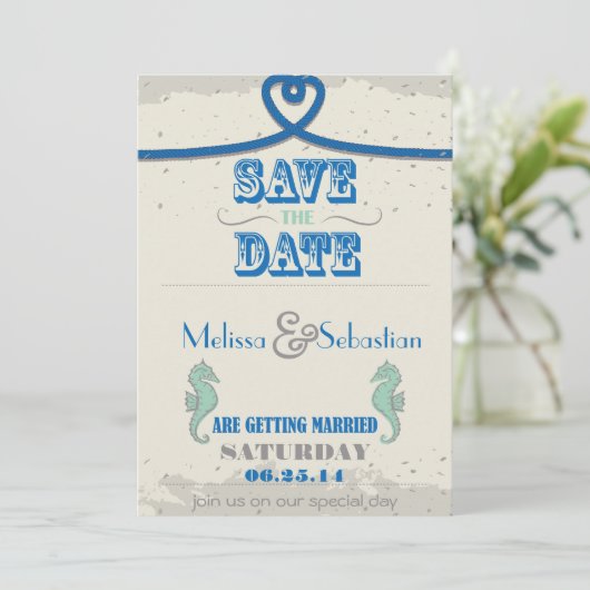 Nautical Beach Blue Heart Knot Save the Date (Staand voorkant)