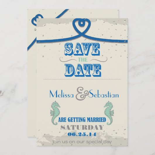 Nautical Beach Blue Heart Knot Save the Date (Voorkant / Achterkant)