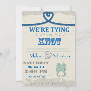 Nautical Beach Blue Heart Knot Wedding Invite Kaart