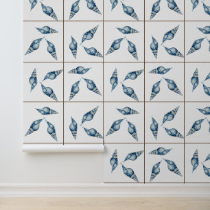 Nautical Beach Blue Seashell Shell White Faux Tege Behang