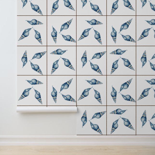 Nautical Beach Blue Seashell Shell White Faux Tege Behang (Applicatie)