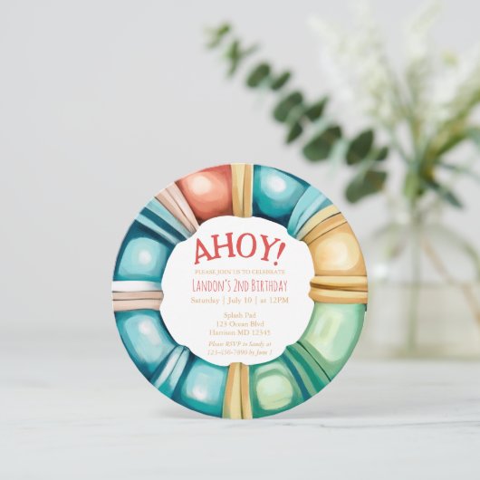 Nautical Beach Buoy Boys Verjaardag Uitnodiging (Staand voorkant)