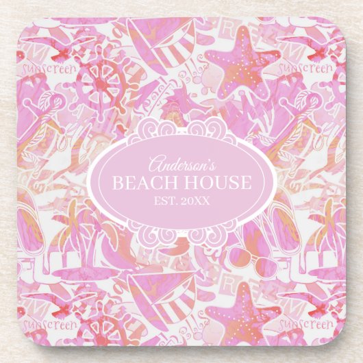 Nautical Beach Collage Hot Pink ID840 Bier Onderzetter (Voorkant)