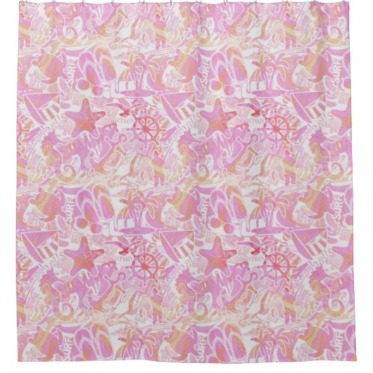Nautical Beach Collage Hot Pink ID840 Douchegordijn (Voorkant)