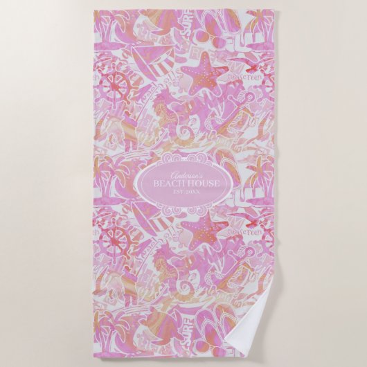 Nautical Beach Collage Hot Pink ID840 Strandlaken (Voorkant)