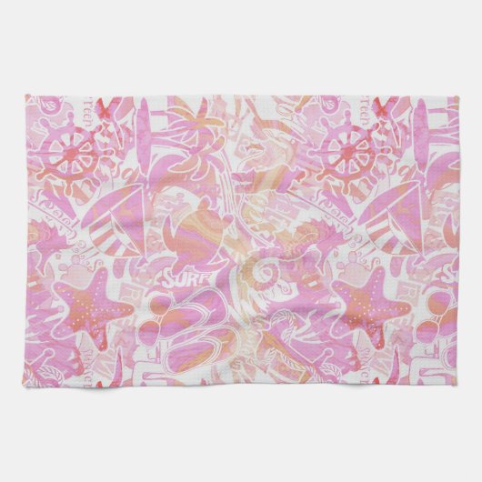 Nautical Beach Collage Hot Pink ID840 Theedoek (Horizontaal)