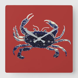 Nautical Beach Crab Navy and Red Wall Clock Vierkante Klok