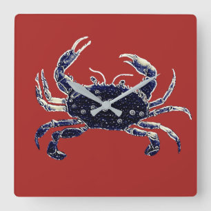 Nautical Beach Crab Navy and Red Wall Clock Vierkante Klok