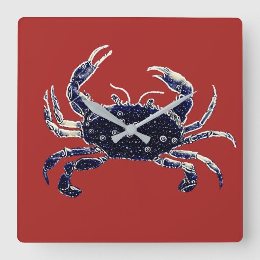Nautical Beach Crab Navy and Red Wall Clock Vierkante Klok (Voorkant)