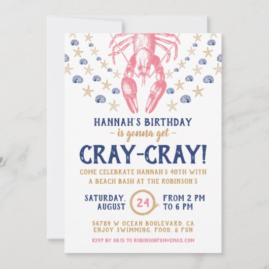 Nautical Beach Crayfish Coral Navy Birthday Party Kaart (Voorkant)