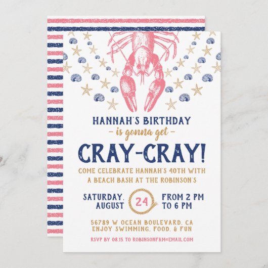 Nautical Beach Crayfish Coral Navy Birthday Party Kaart (Voorkant / Achterkant)