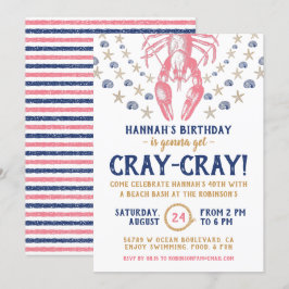 Nautical Beach Crayfish Coral Navy Birthday Party Kaart