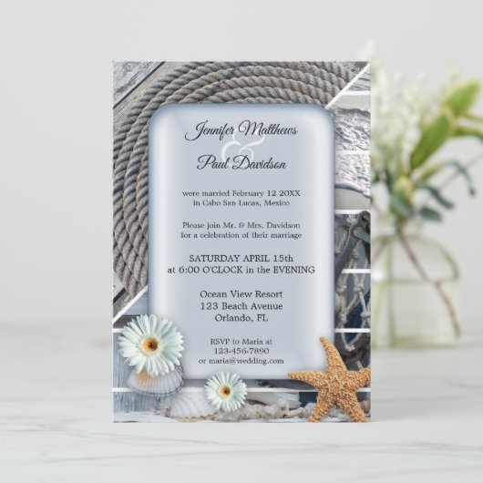 Nautical Beach Dusty Blue Post Weddenschap Kaart (Staand voorkant)