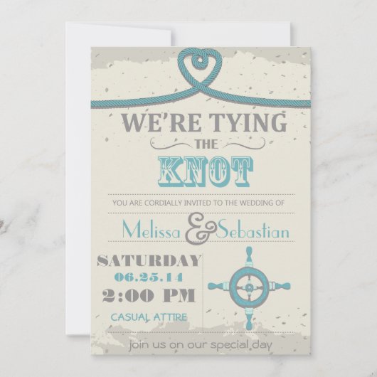 Nautical Beach Heart Knot Wedding Invite Kaart (Voorkant)