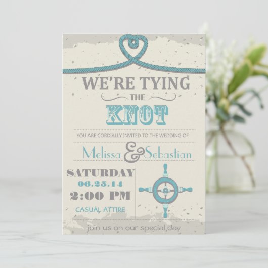 Nautical Beach Heart Knot Wedding Invite Kaart (Staand voorkant)