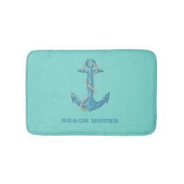 Nautical Beach House, Anchor, Rope, Mint Green Badmat