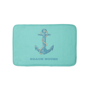 Nautical Beach House, Anchor, Rope, Mint Green Badmat