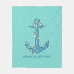 Nautical Beach House, Anchor, Rope, Mint Green Fleece Deken