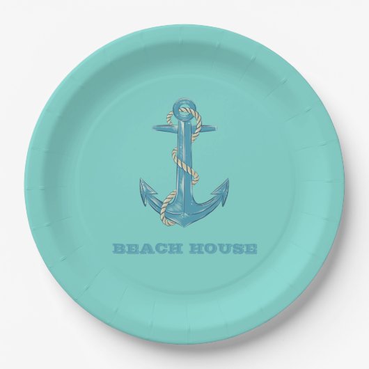 Nautical Beach House, Anchor, Rope, Mint Green Papieren Bordje (Voorkant)