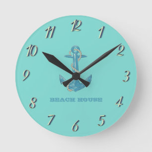Nautical Beach House, Anchor, Rope, Mint Green  Ronde Klok