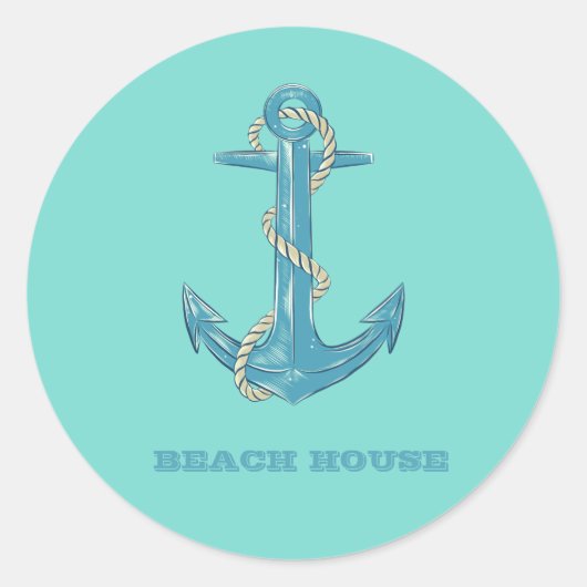 Nautical Beach House, Anchor, Rope, Mint Green Ronde Sticker (Voorkant)