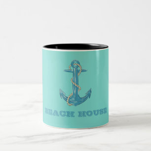 Nautical Beach House, Anchor, Rope, Mint Green Tweekleurige Koffiemok