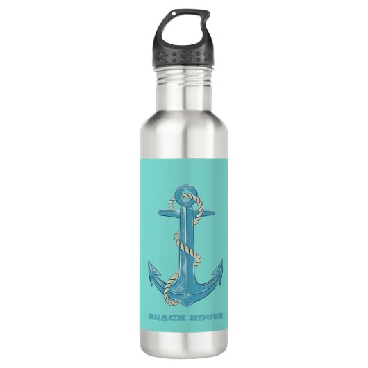 Nautical Beach House, Anchor, Rope, Mint Green Waterfles (Voorkant)