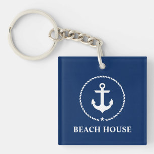 Nautical Beach House Anchor Rope Navy Blue Sleutelhanger