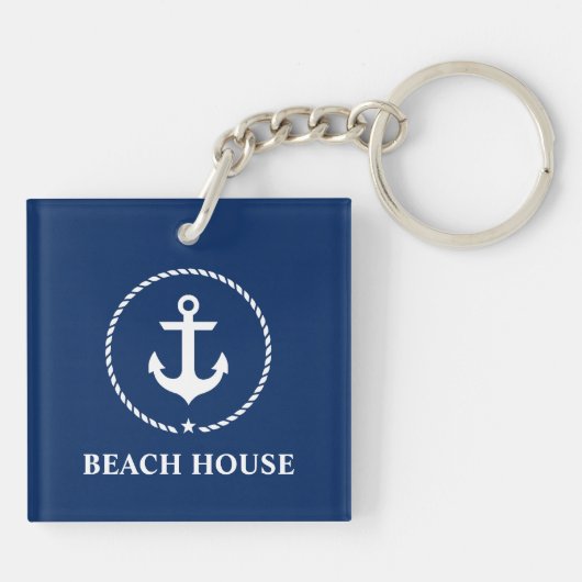 Nautical Beach House Anker Touw Navy Blue Sleutelhanger (Achterkant)