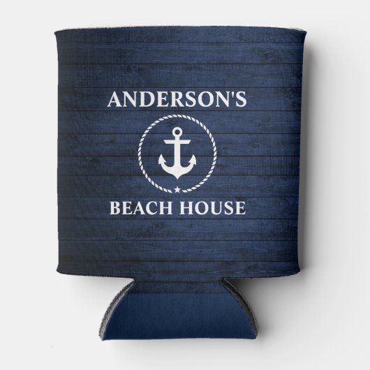 Nautical Beach House Familienaam Anchor Blue Wood Blikjeskoeler (Voorkant)