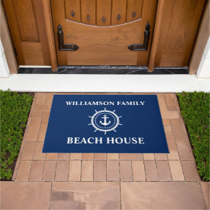 Nautical Beach House Familienaam Anchor Helm Blue Deurmat