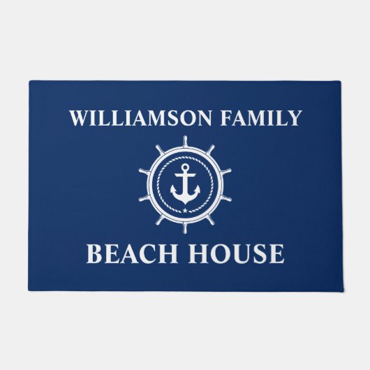 Nautical Beach House Familienaam Anchor Helm Blue Deurmat (Voorkant)