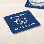 Nautical Beach House Familienaam Anchor Helm Blue Kartonnen Onderzetters (Schuin)