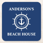 Nautical Beach House Familienaam Anchor Helm Blue Kartonnen Onderzetters (Voorkant)