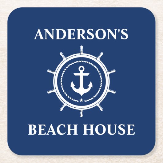 Nautical Beach House Familienaam Anchor Helm Blue Kartonnen Onderzetters (Voorkant)