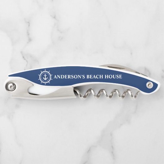 Nautical Beach House Familienaam Anchor Helm Blue Kurkentrekker (Voorkant)