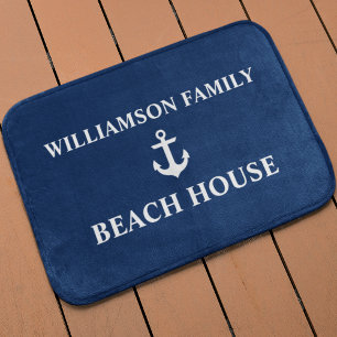 Nautical Beach House Familienaam Anchor Navy Blue Badmat