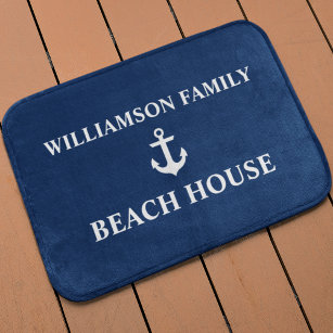 Nautical Beach House Familienaam Anchor Navy Blue Badmat