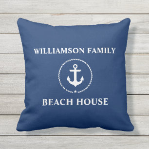 Nautical Beach House Familienaam Anchor Navy Blue Buitenkussen