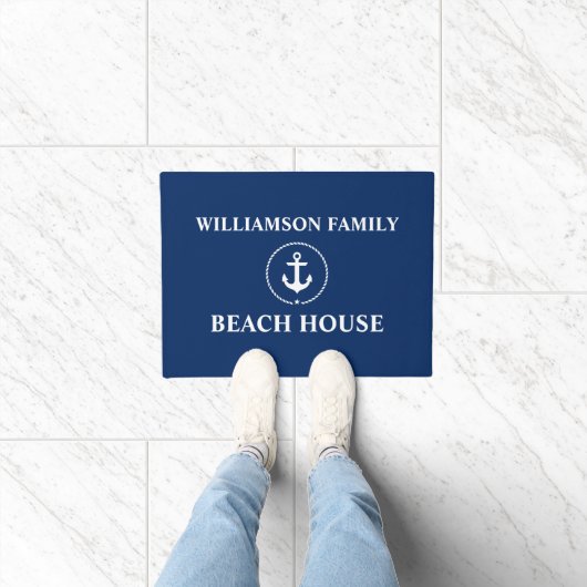 Nautical Beach House Familienaam Anchor Navy Blue Deurmat (Binnen)