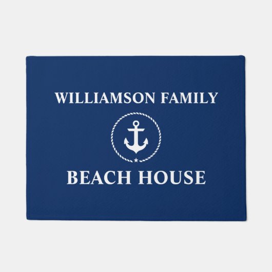 Nautical Beach House Familienaam Anchor Navy Blue Deurmat (Voorkant)